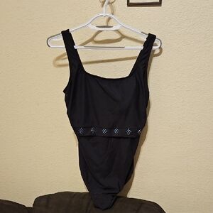 Delta Burke Black One Piece with Blue Embellishments